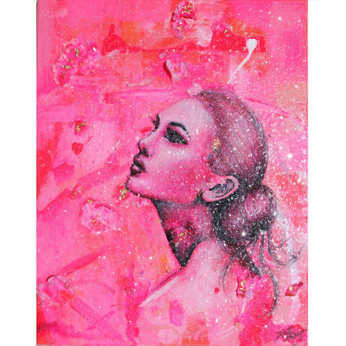 Positively Pink Portrait 1/1 Acrylic with Glitter Glass Painting by Kate Stoltz
