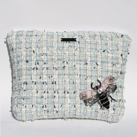 Embellished Blue Tweed Travel Zipper Pouch