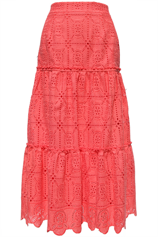 Coral Embroidered Eyelet Midi Skirt