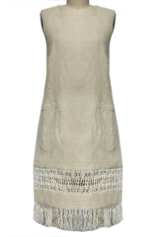 Raffia Fringe Linen Dress with Pockets