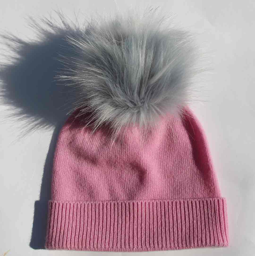 Pink Hat with Faux Fur Pom Pom/Multiple Colors Available