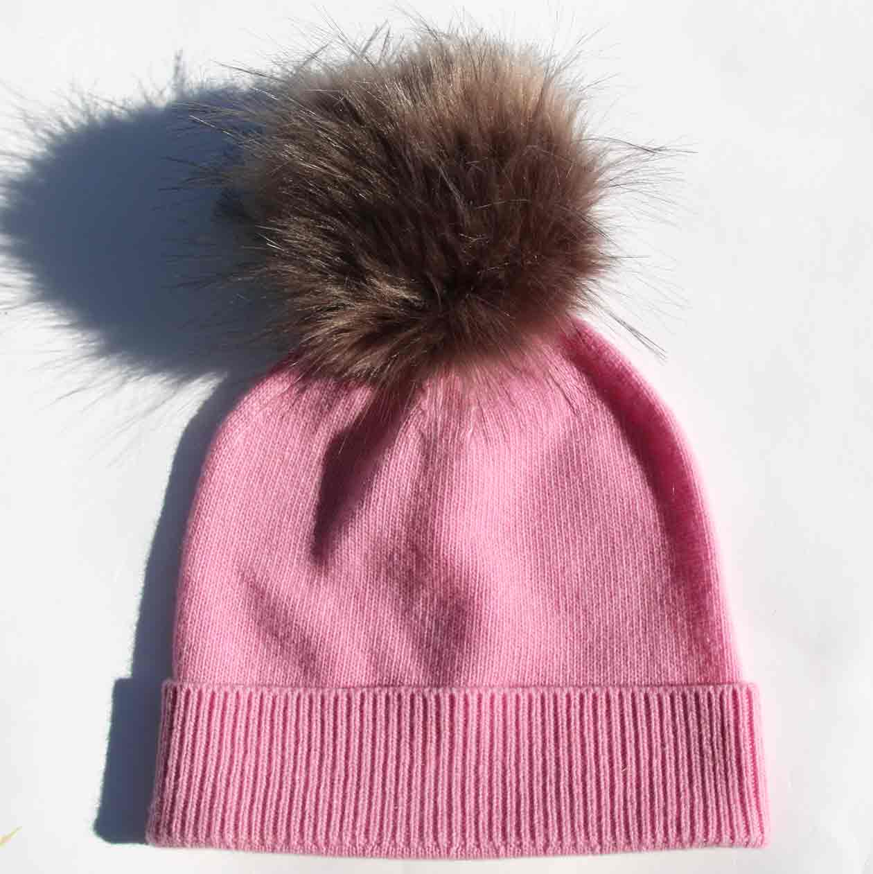 Pink Hat with Faux Fur Pom Pom/Multiple Colors Available