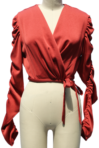Ruched Sleeve Crepe Back Silk Blouse / Multiple Colors