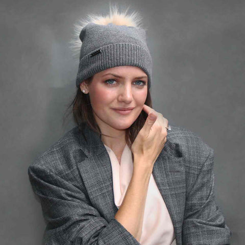 Ultimate Gray Knit Hat with Custom Color Faux Fur Pom Pom