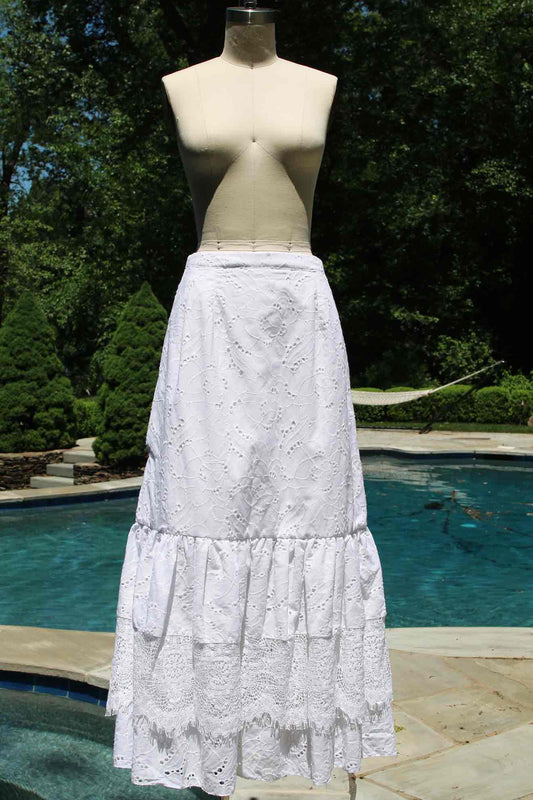 Caicos Tiered Lace and Embroidered Cotton Skirt/ Tailored or Loose Fit