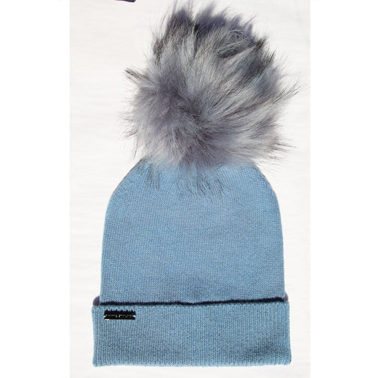 Blue beanie with a gray fur pom-pom 