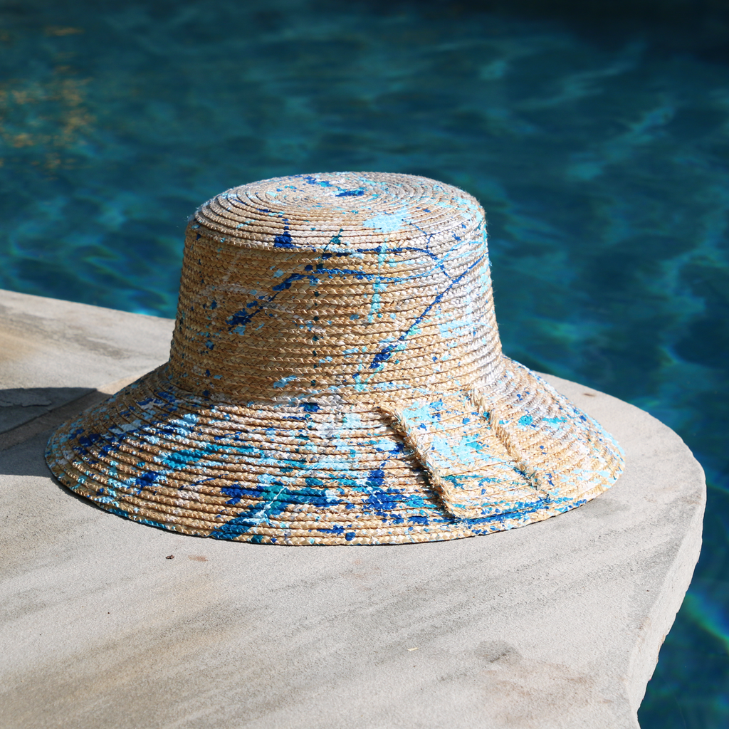 1/1 Blue Abstract Splatter Straw Bucket Hat