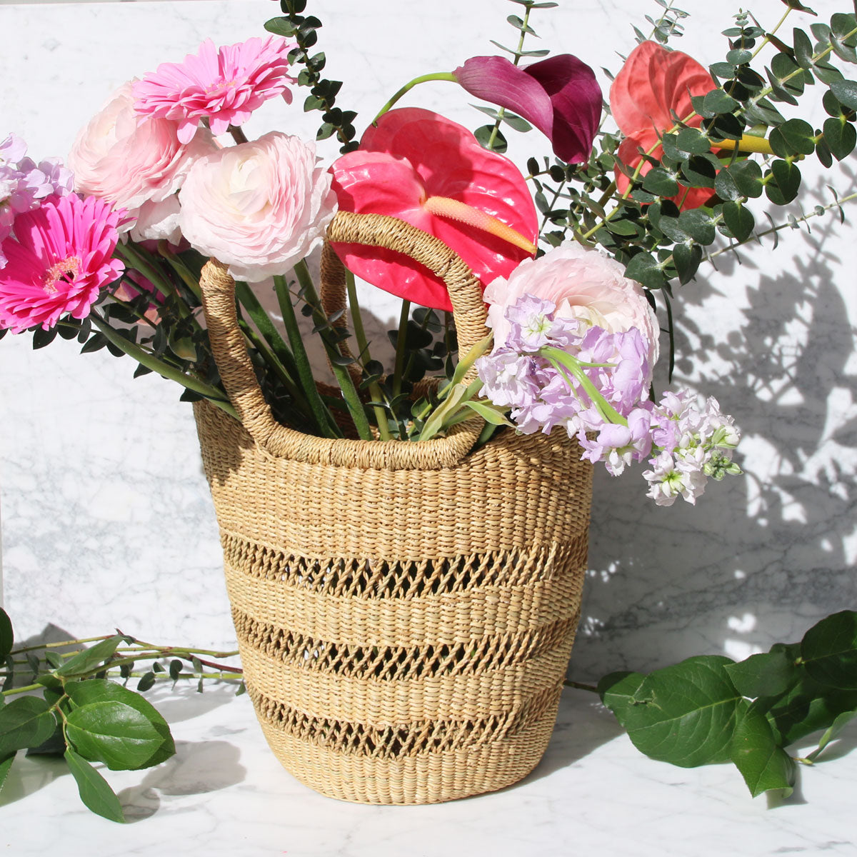 Pinstripe Lacework Basket Tote with Leather Handles