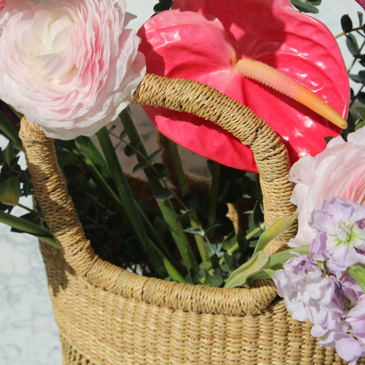 Pinstripe Lacework Basket Tote with Leather Handles