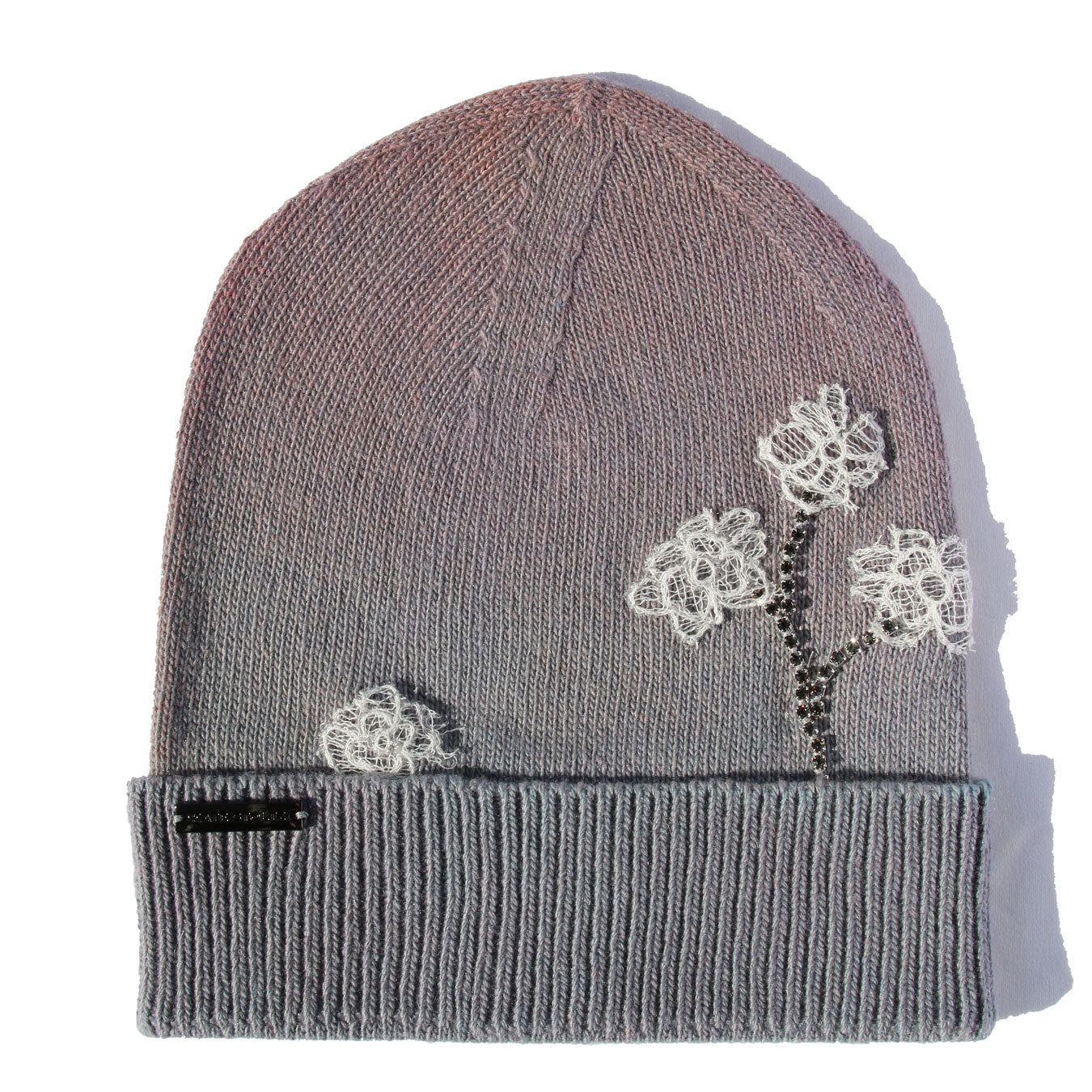 lavender-hand-dyed-cashmere-knit-hat white flower embroidery French fine lace 
