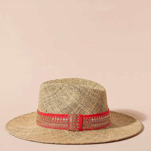 Vibrant Red and Gold Band Straw Fedora