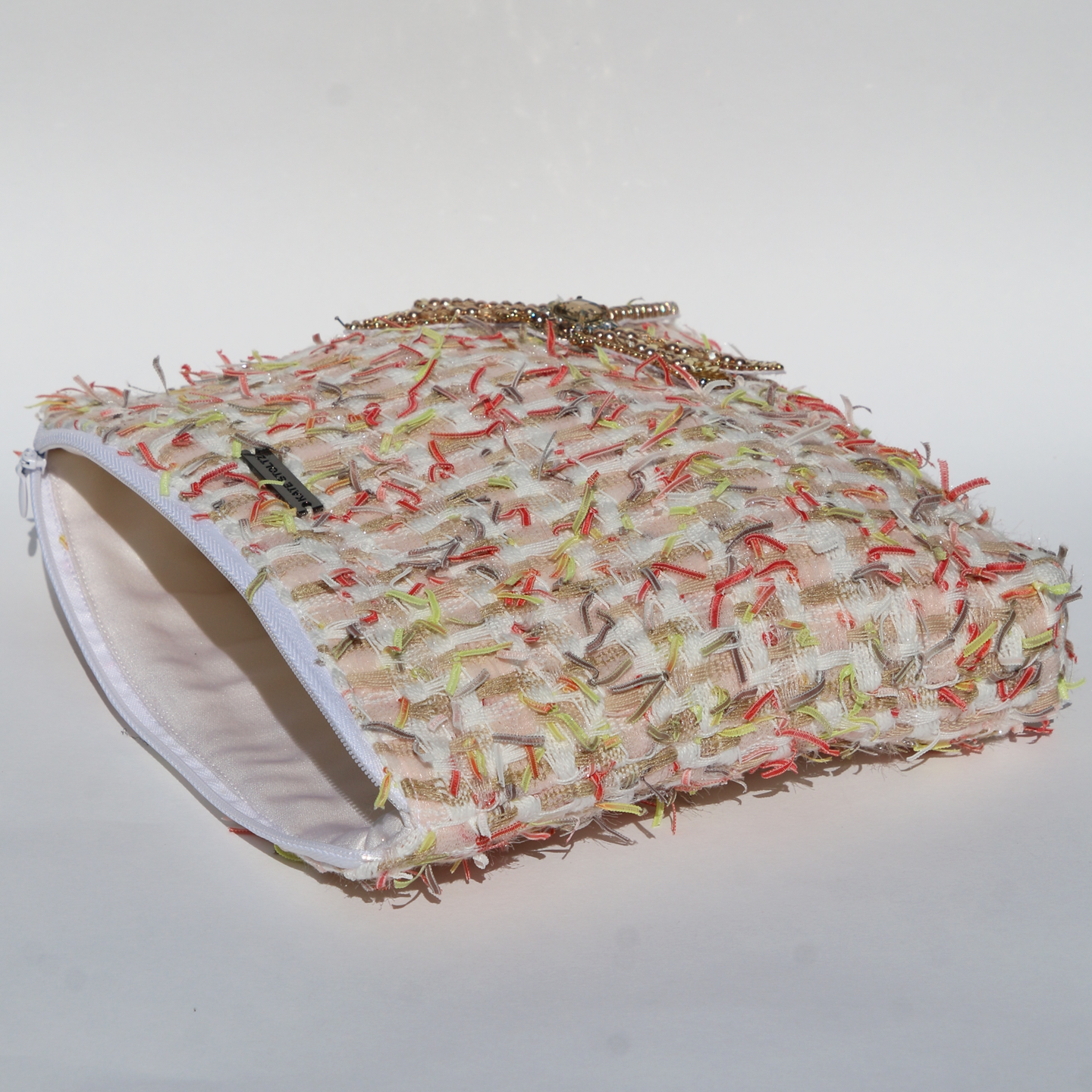 Embellished Orange Tweed Travel Zipper Pouch