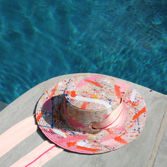       pink-orange-white-hand-painted-straw-beach-boater-hat-with-ribbon-tie