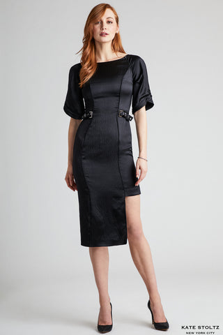 Gunmetal Buckle Hammered Silk Dress