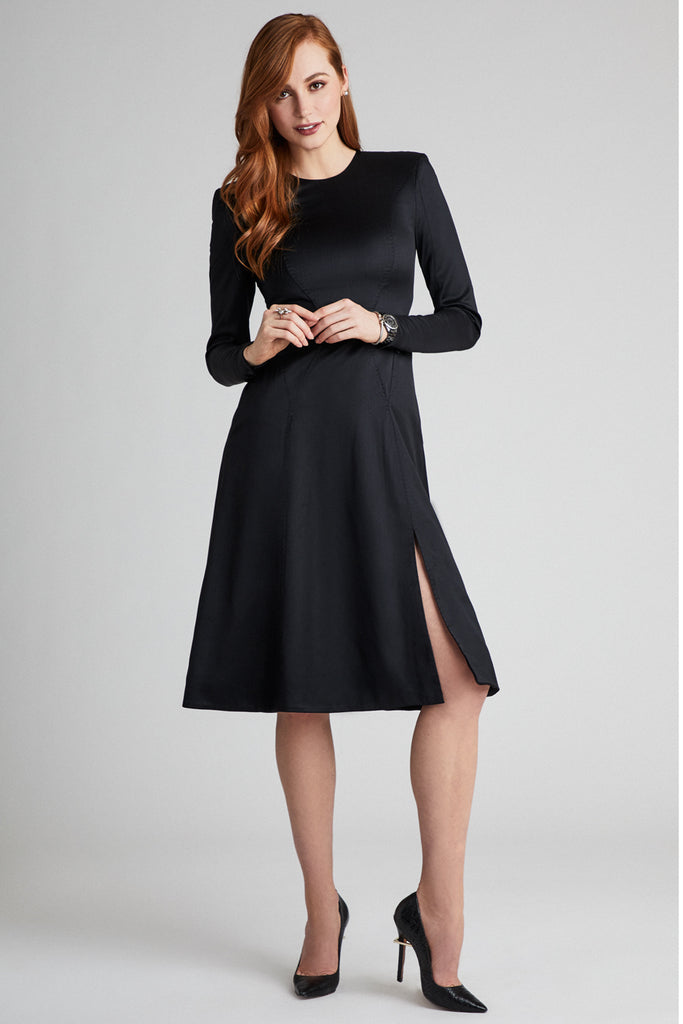 Fiona Merino Wool Fit And Flare Dress - Black - wool