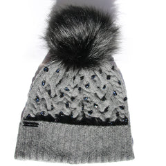 Aspen Gray Cable Knit Hat with Custom Color Faux Fur Pom Pom