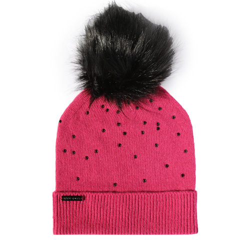 Berry Crystal Knit Hat w Optional Faux Fur Pompom