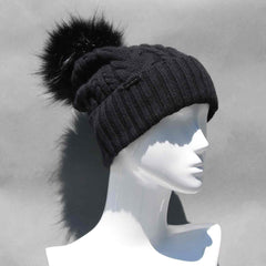 Black Cable Knit Hat with Custom Color Faux Fur Pom Pom