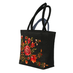 Hand Embroidered Red Flower Black Handbag- OOAK