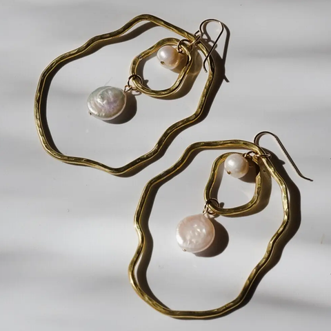 Hammered Brass Hoop and Pearl Earrings by Metrix