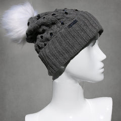 Aspen Gray Cable Knit Hat with Custom Color Faux Fur Pom Pom