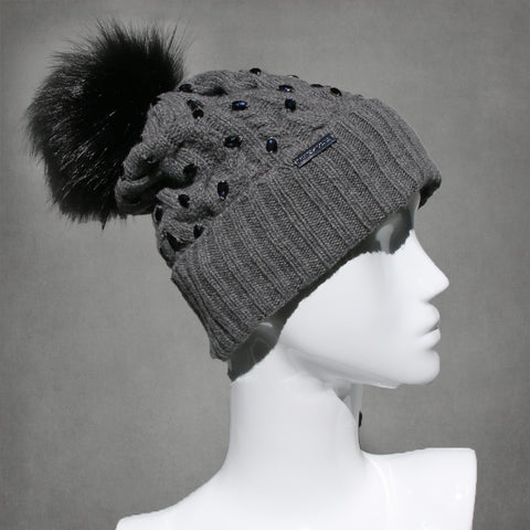 Aspen Gray Cable Knit Hat with Custom Color Faux Fur Pom Pom