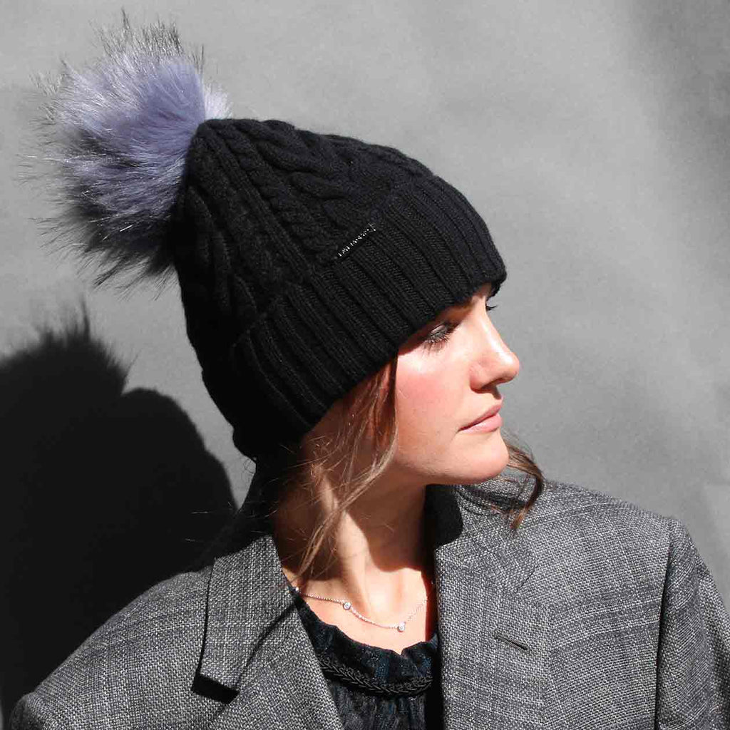 Black Cable Knit Hat with Custom Color Faux Fur Pom Pom – Kate Stoltz