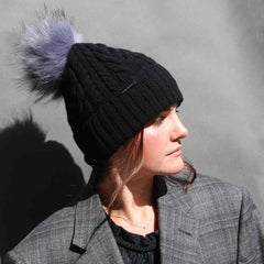 Black Cable Knit Hat with Custom Color Faux Fur Pom Pom