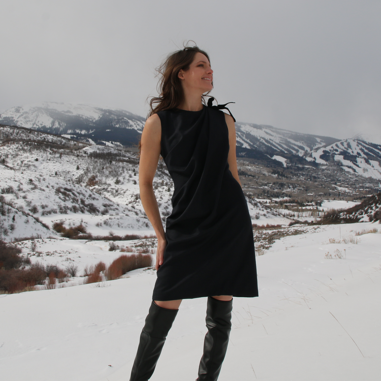 draped-navy-plaid-wool-suiting-dress