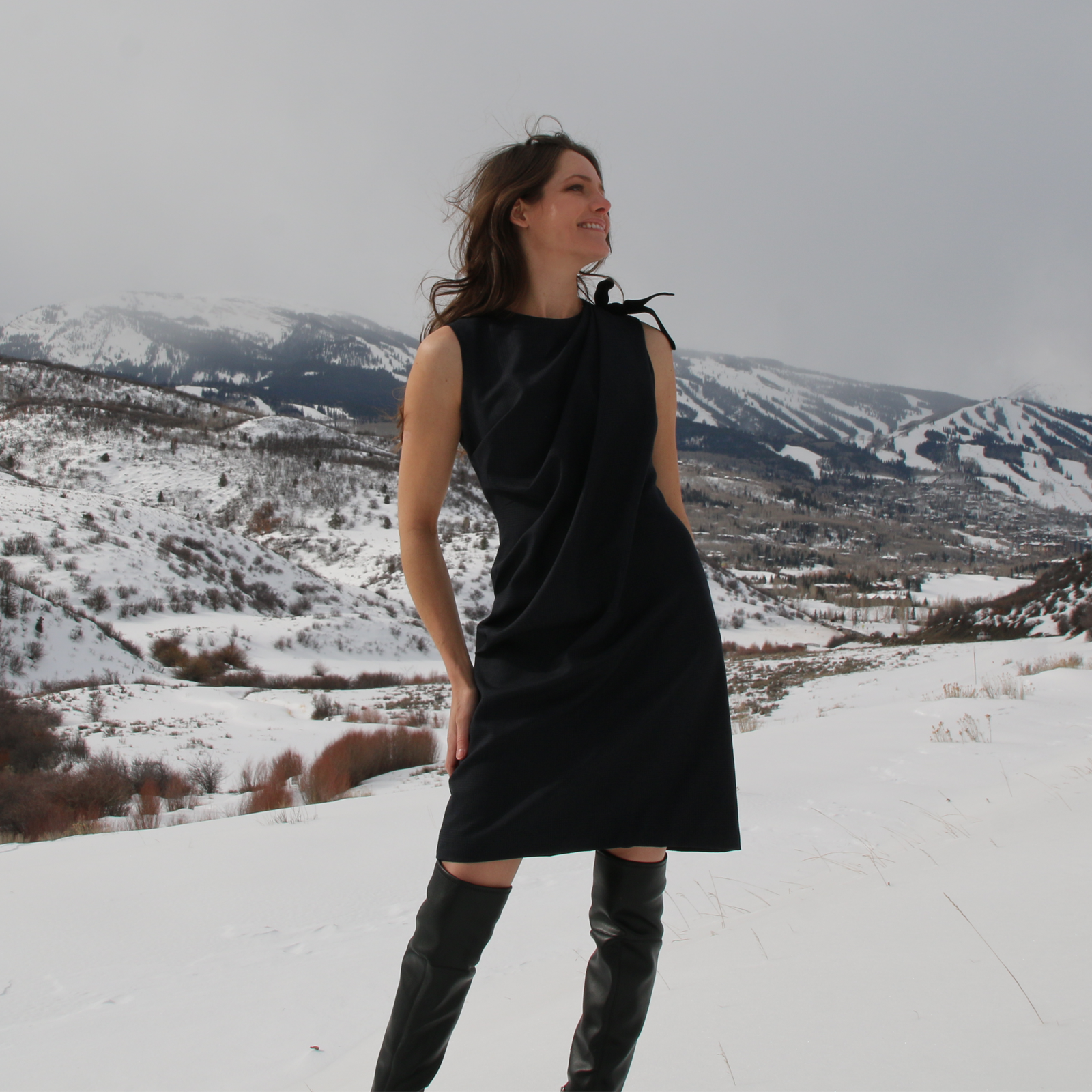 draped-navy-plaid-wool-suiting-dress