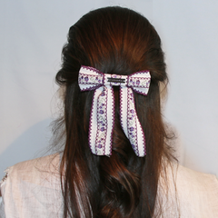 waffle edge embroidered large with strings purple-white-mini-flower-hair-bow-clip made in studio usa by kate stoltz