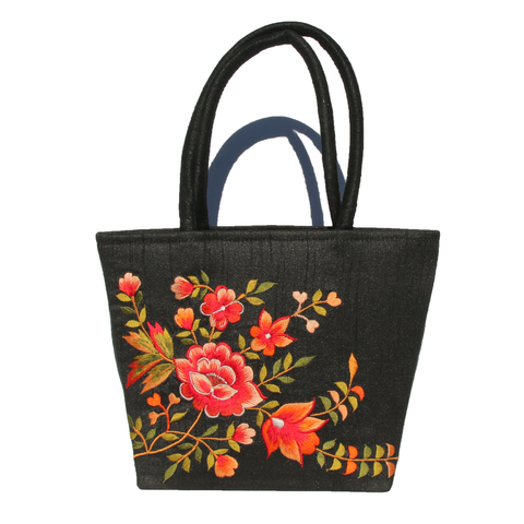 Hand Embroidered Red Flower Black Handbag- OOAK