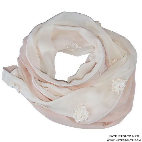 Petal Pink and White Silk Chiffon Scarf with Embroidery Flower Detail