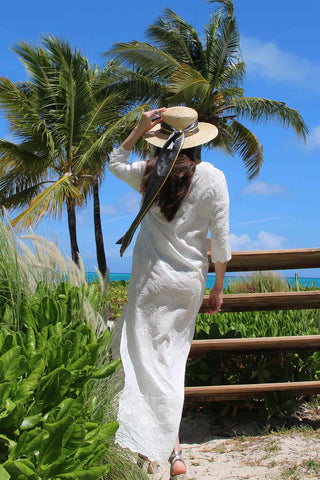 Embroidered Floral Cotton Voile Beach Coverup with Italian Venise Lace / Black or White Available