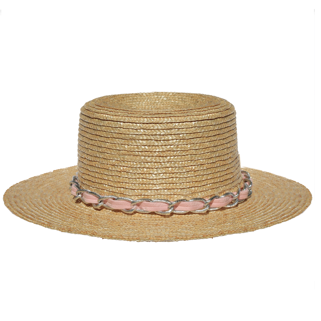       natural-straw-boater-hat-with-silver-metal-chain-pink-braid