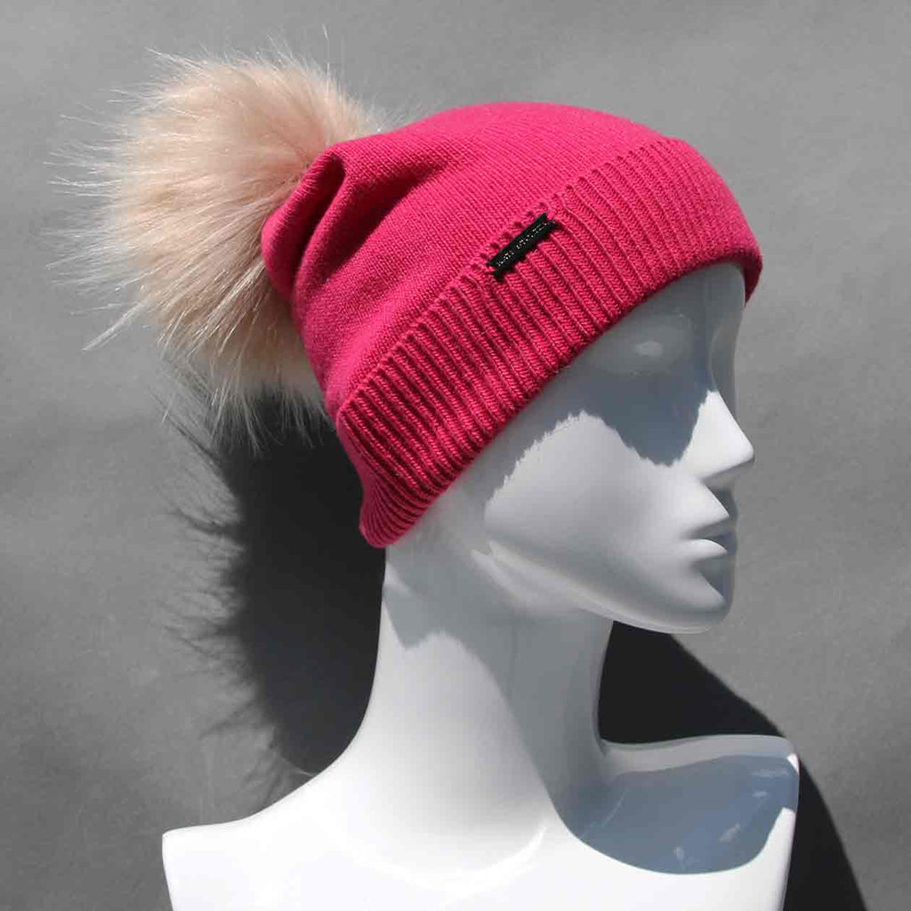 Knit Beanie Hat with Faux Fur Pom-Poms