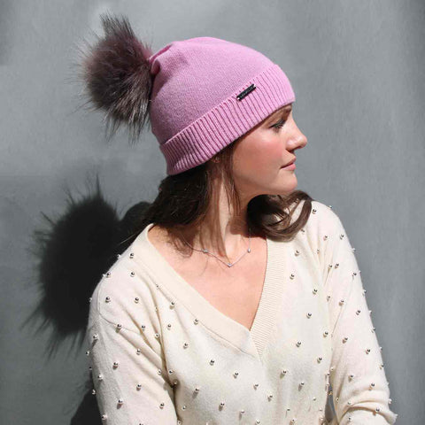 Party Pink Knit Hat with Custom Color Faux Fur Pom Pom