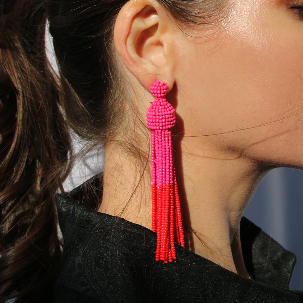     pink-red-hand-beaded-long-ear-grazing-earrings