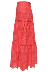       ruched-ruffled-coral-cotton-embroidery-skirt