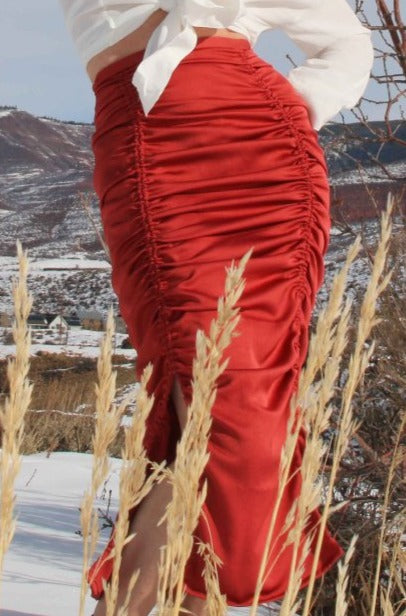 ruched rust silk skirt 
