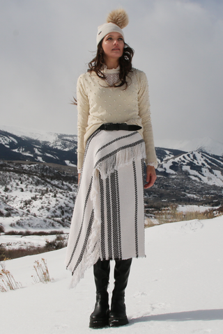 Striped Woven Cotton Fringe Skirt