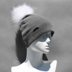 Ultimate Gray Knit Hat with Custom Color Faux Fur Pom Pom