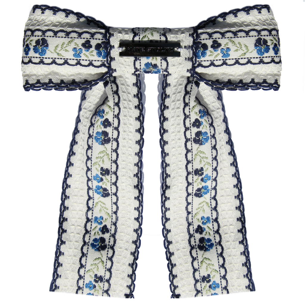 white-blue-floral-embroidery-hair-bow with waffle edge