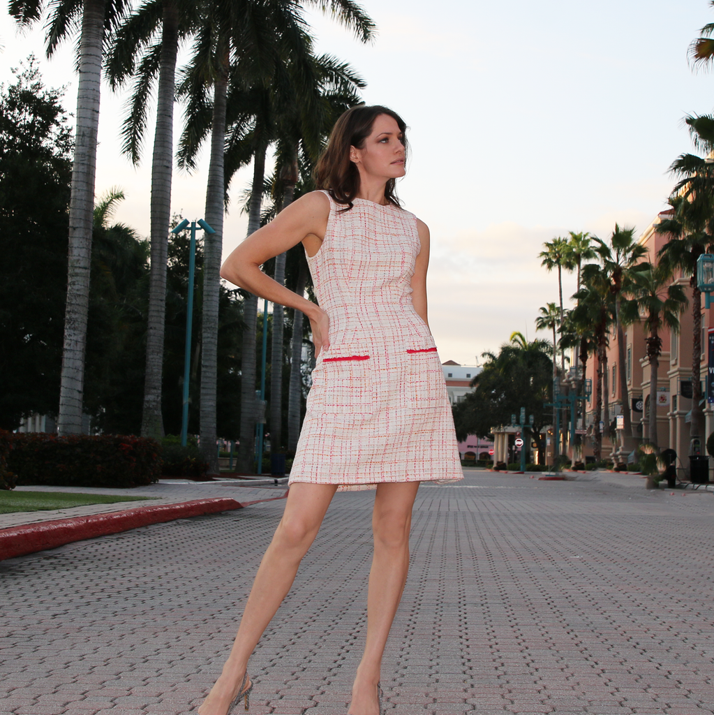 White, Pink and Orange Tweed Dress with Pockets – Kate Stoltz
